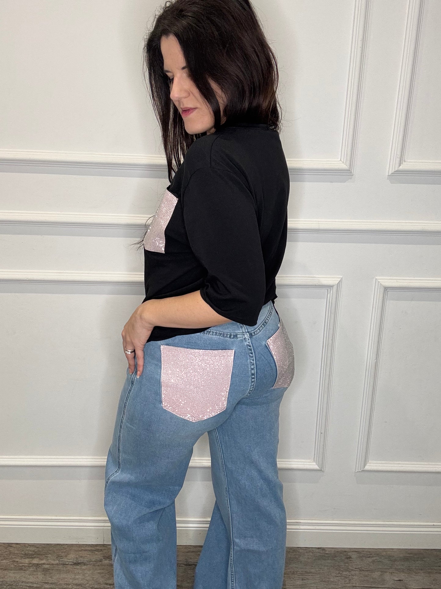 Jeans palazzo tasca strass